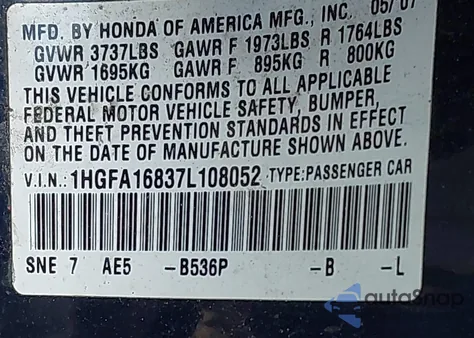 2007 Honda Civic Ex from USA, damaged, VIN 1HGFA16837L108052